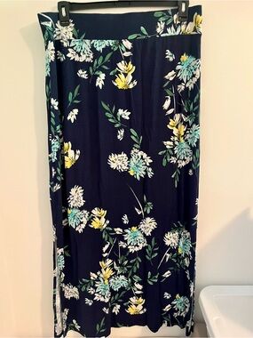 Navy Floral Maxi Skirt with Yellow & Teal Blooms